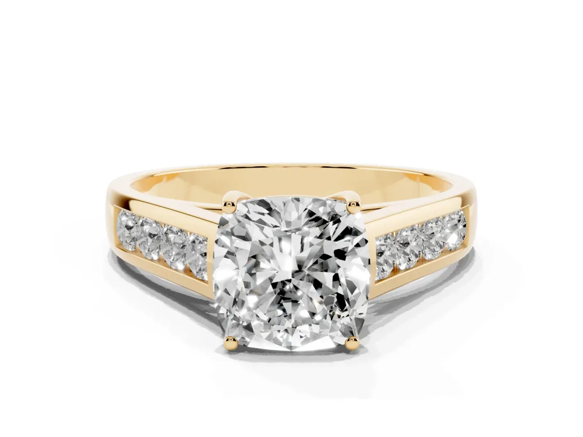 Cushion Cut Brilliant Channel-Set Solitaire Ring with Four-Prong Setting Yellow gold