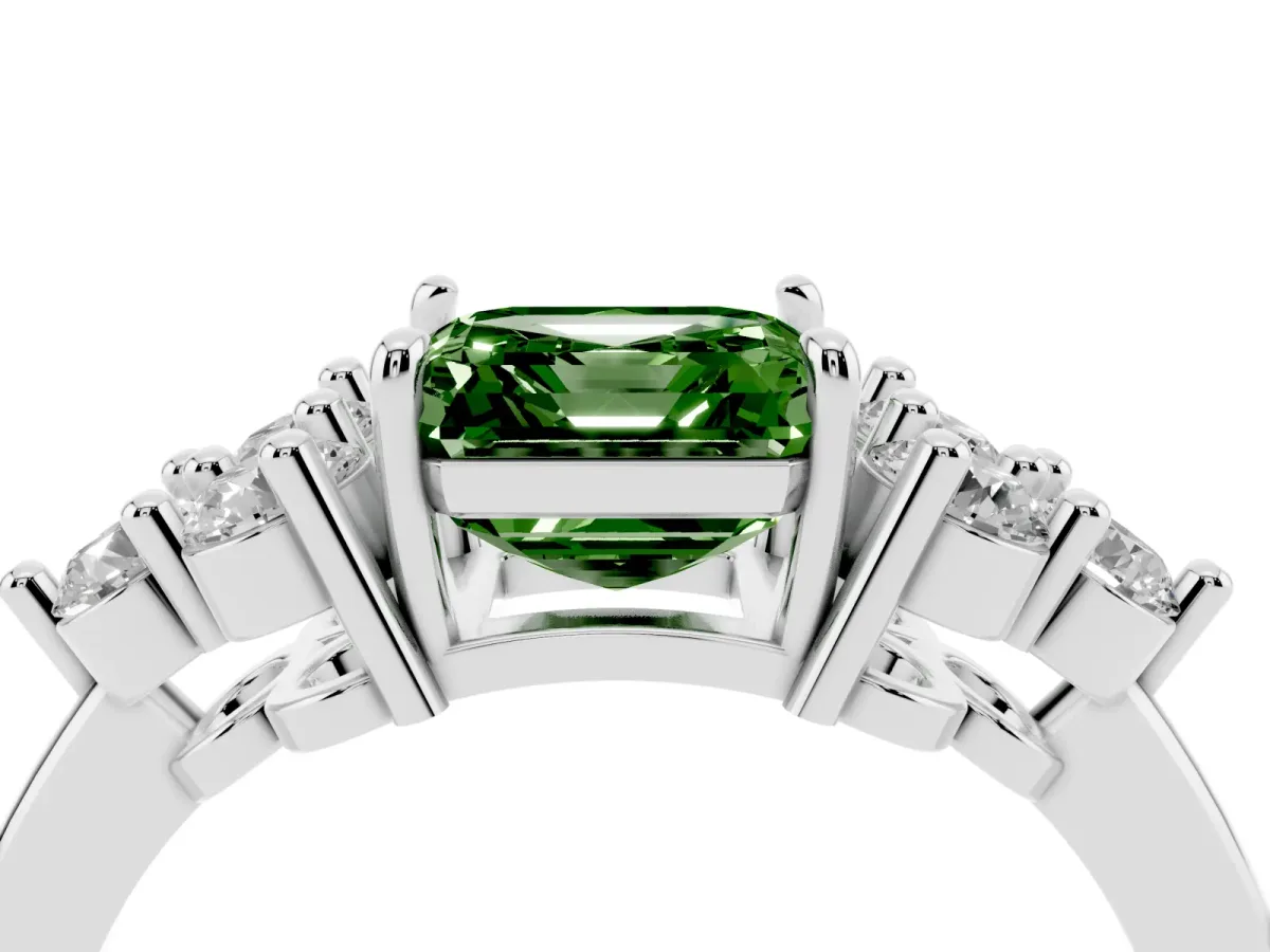 Fancy Green Asscher Cut Brilliant Diamond Cluster Accent Solitaire Ring with Prong Setting Platinum