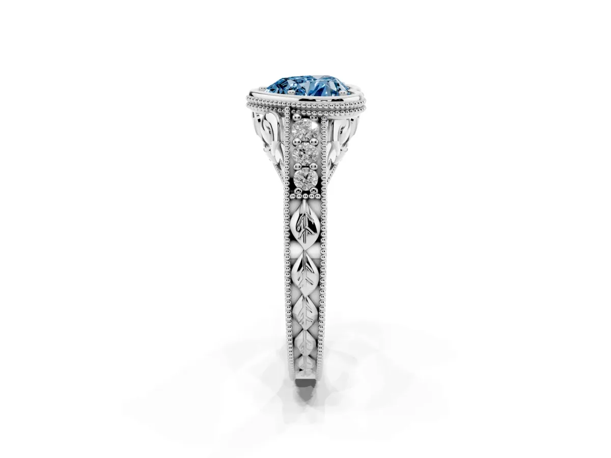 Fancy Blue Bezel Set Heart Cut Diamond Milgrain Pave Engagement Ring Silver