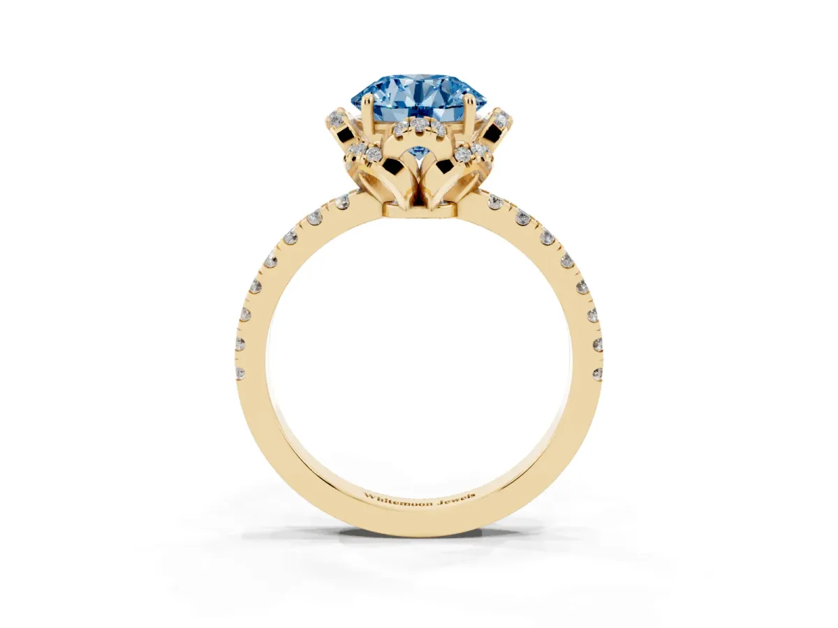 Fancy Blue Round Cut Diamond Halo Pave Band with Four-Prong Setting Yellow gold