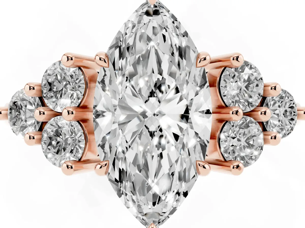 Marquise Cut Brilliant Diamond Cluster Accent Solitaire Ring with Prong Setting Rose gold