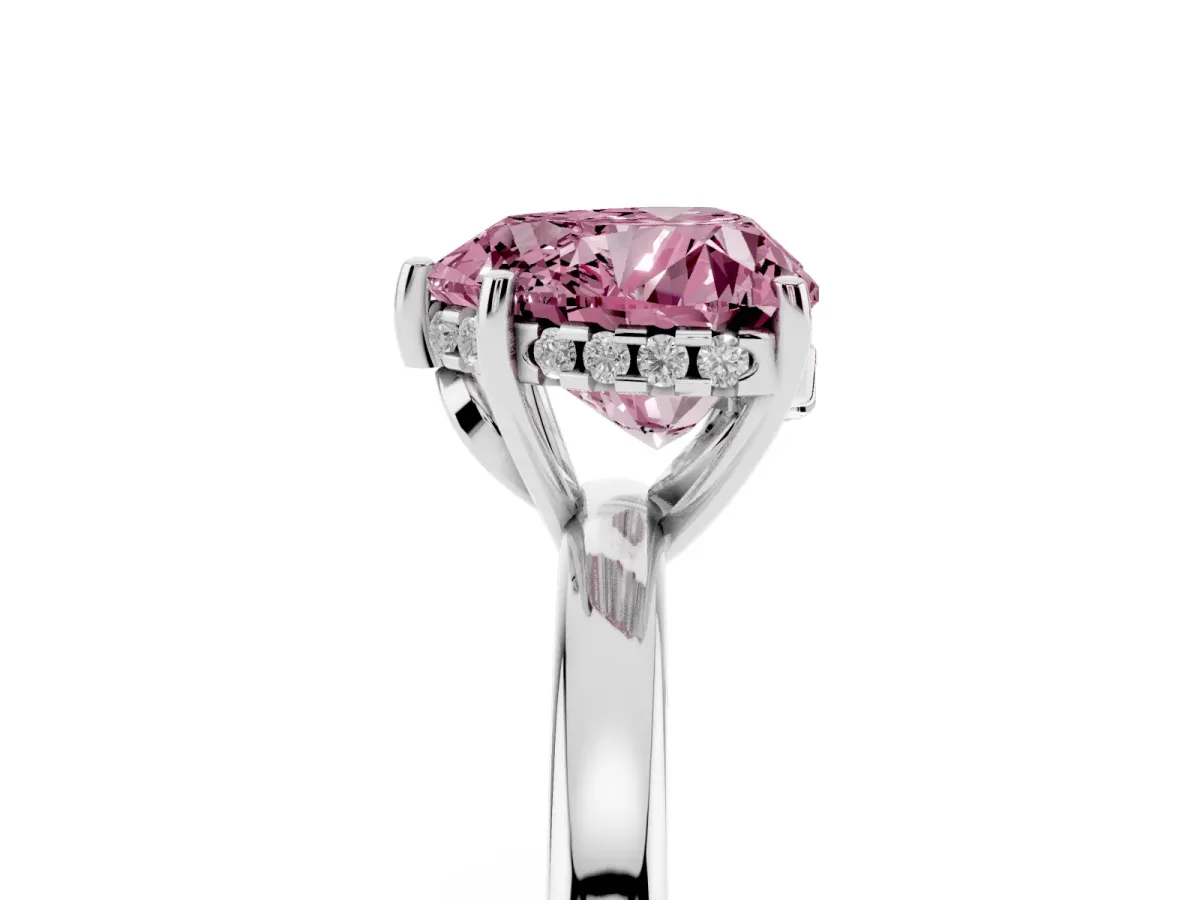 Fancy Pink Heart Cut Solitaire Diamond Ring with Prong Setting and Plain Band Platinum