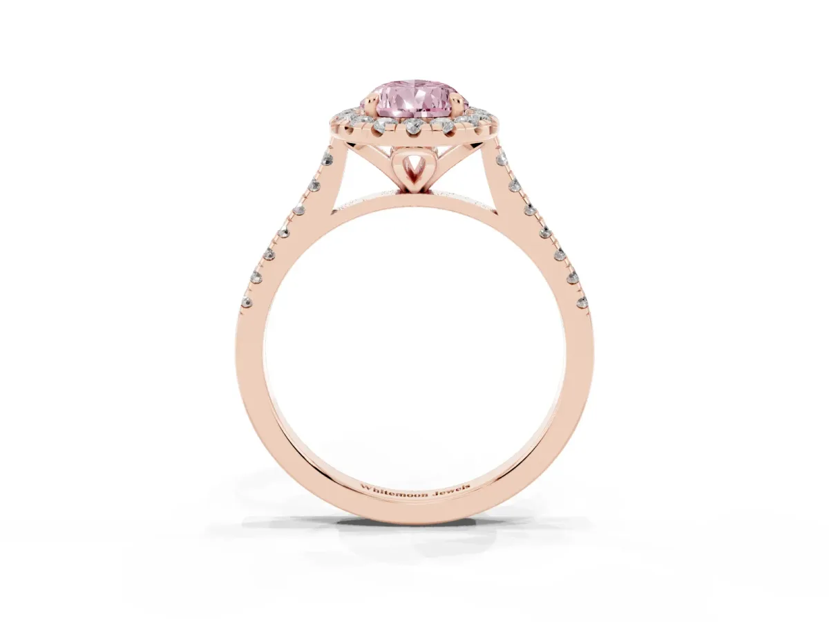 Fancy Pink Pear Cut Diamond Cushion Halo Ring with Pavé Band Rose gold
