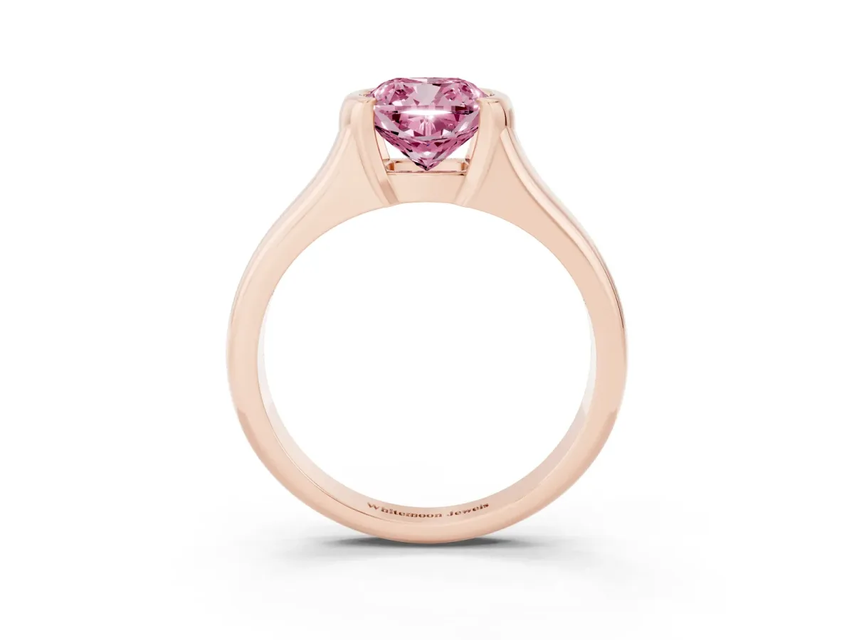 Fancy Pink Cushion Cut Solitaire Tension Set Diamond Ring with Split Shank Band Rose gold