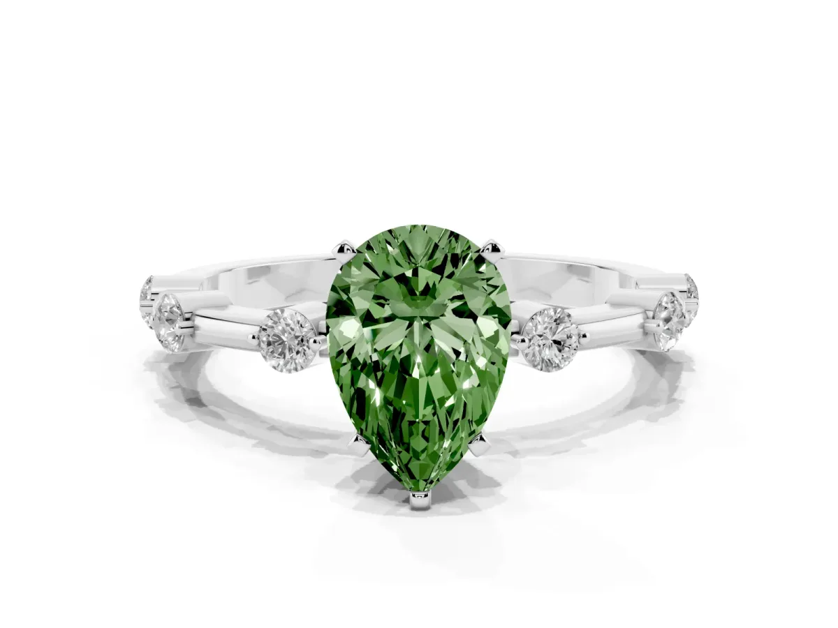 Fancy Green Pear Cut Solitaire Diamond Ring with Bezel Set Side Stones and Prong Setting Platinum