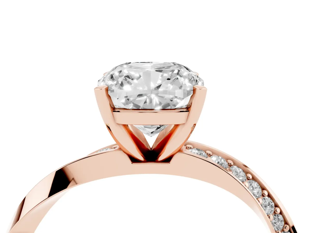 Cushion Cut Diamond Engagement Ring with Side Stone Accents and Four-Prong Setting Rose gold