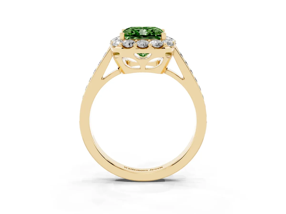 Fancy Green Princess Cut Diamond Floral Halo Ring with Pavé Band and Prong Setting Yellow gold