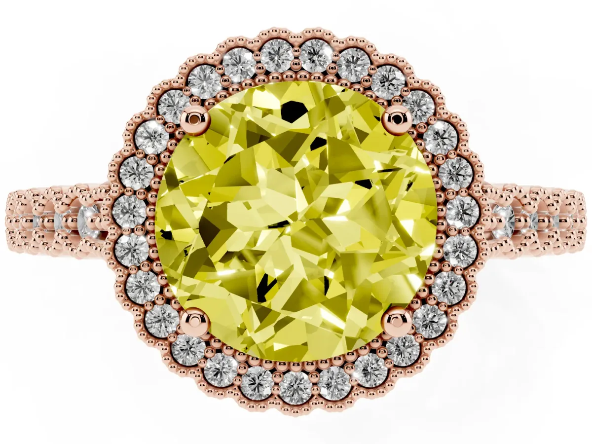 Fancy Yellow Round Cut Cut Halo Pavé Solitaire Ring with Milgrain Band Rose gold