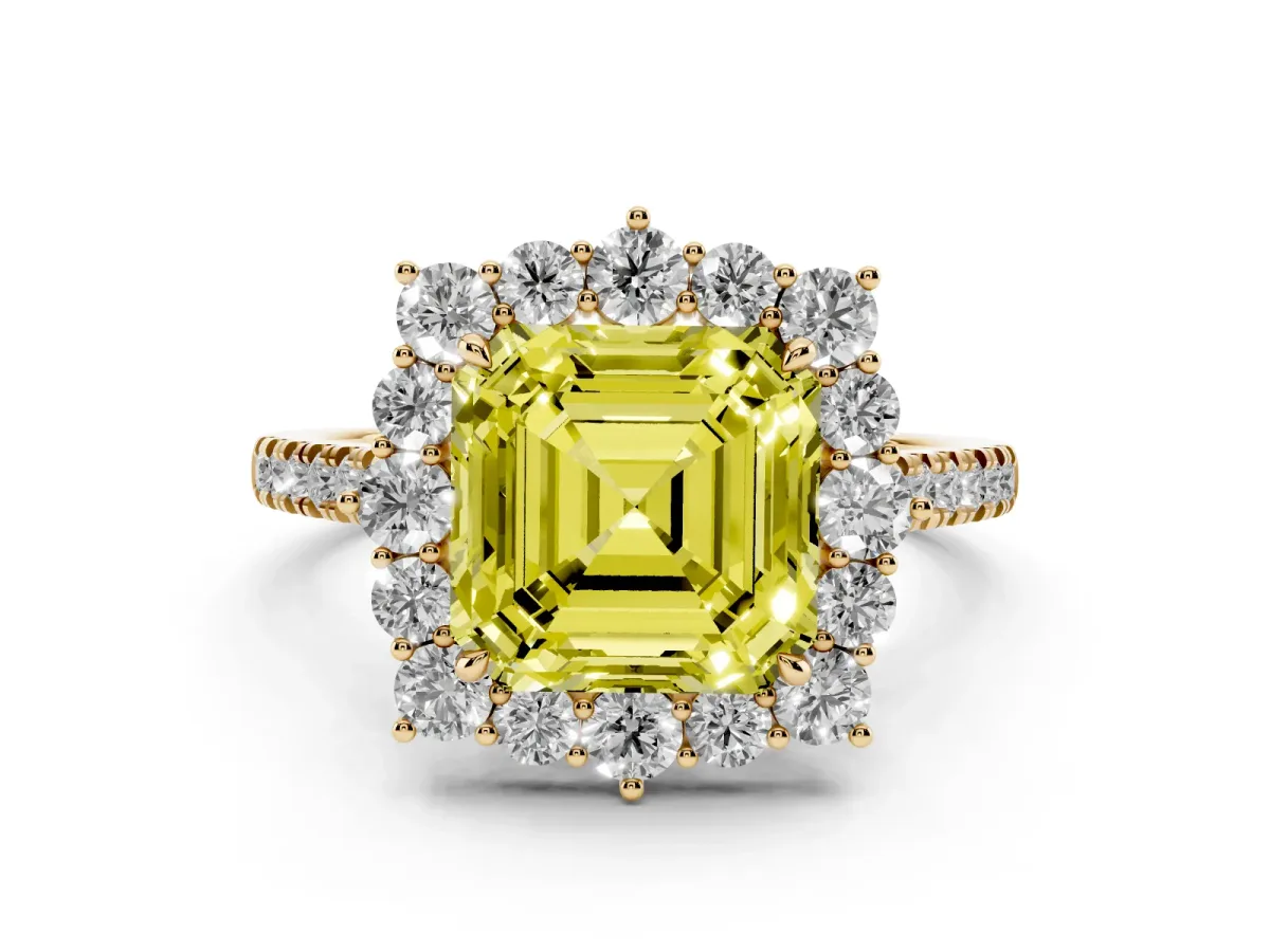 Fancy Yellow Asscher Cut Halo Diamond Ring with Pavé Band and Prong Setting Yellow gold