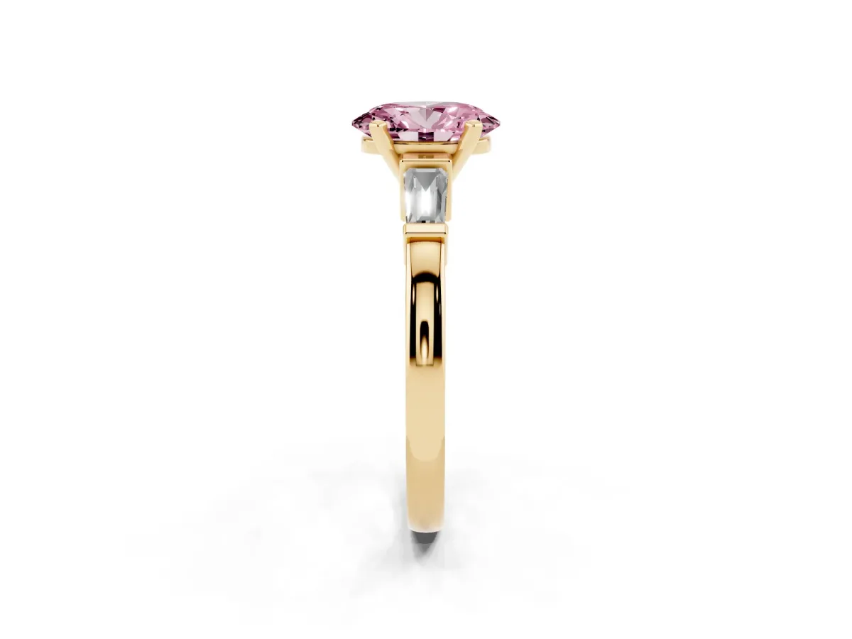 Fancy Pink Oval Cut Cut Diamond Solitaire Ring with Tapered Baguette Accents and Four-Prong Setting Yellow gold