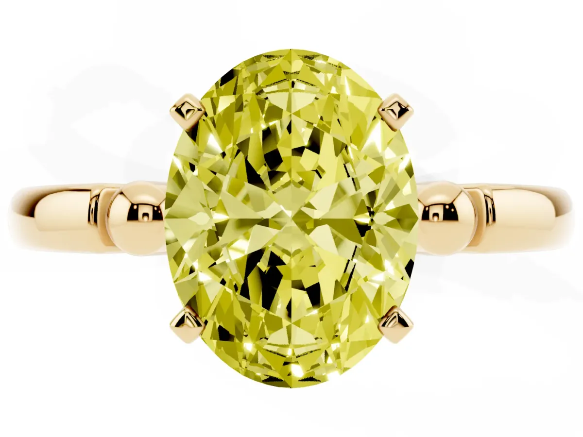 Fancy Yellow Oval Cut Solitaire Beaded Band with Four-Prong Setting Yellow gold