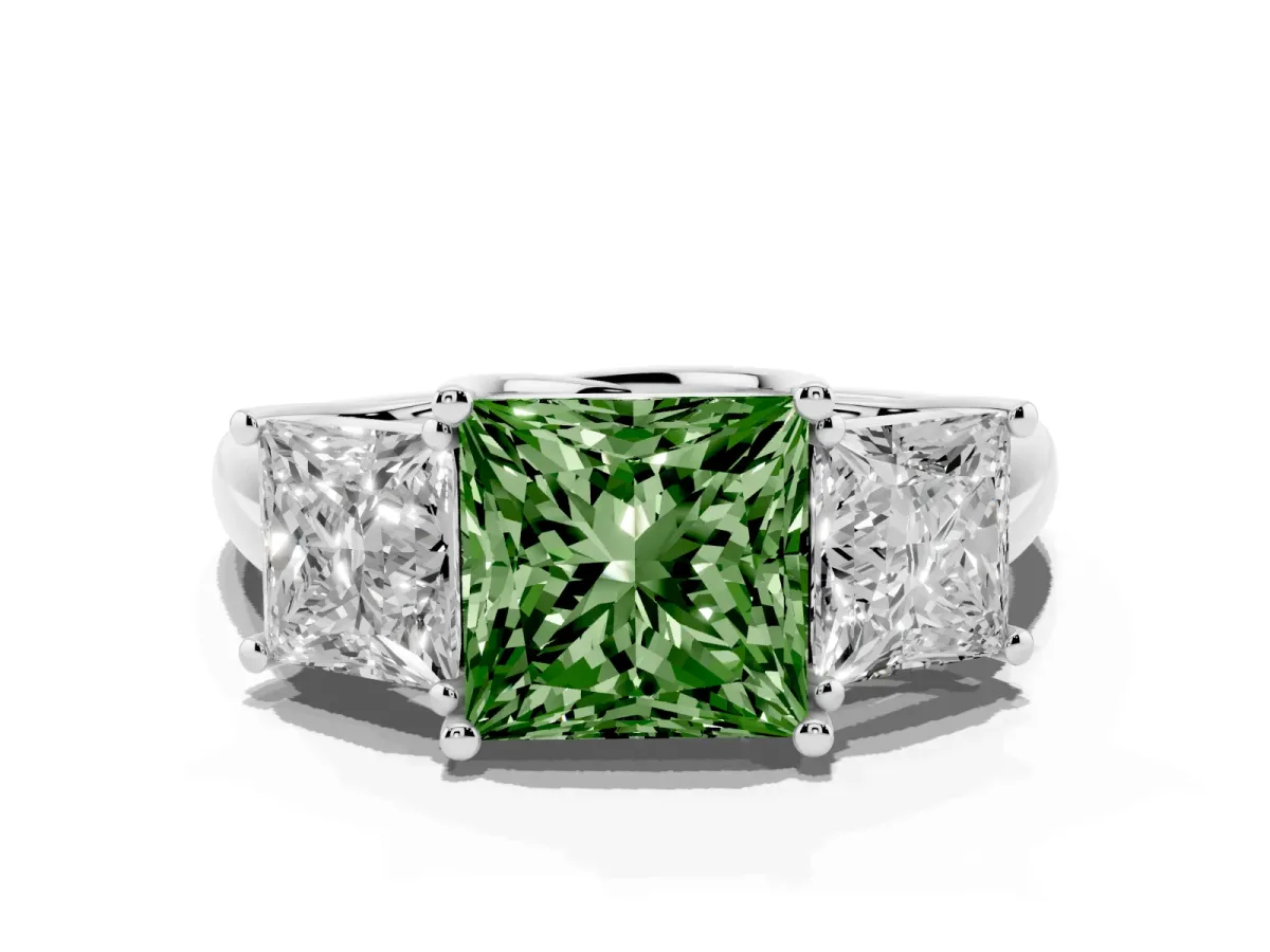 Fancy Green Three-Stone Princess Cut Diamond Engagement Ring with Prong Setting Platinum