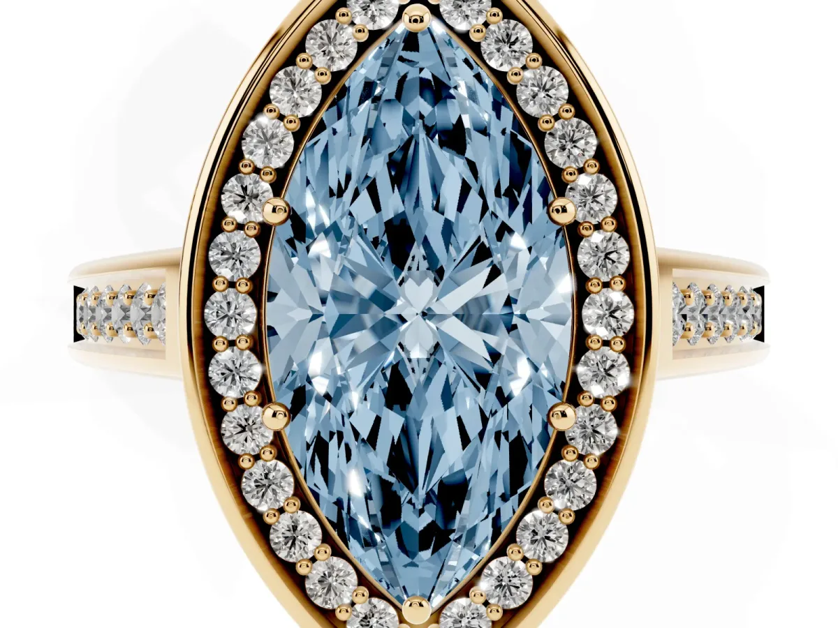 Fancy Blue Marquise Cut Halo Solitaire Diamond Ring with Pave Band and Bezel Setting Yellow gold