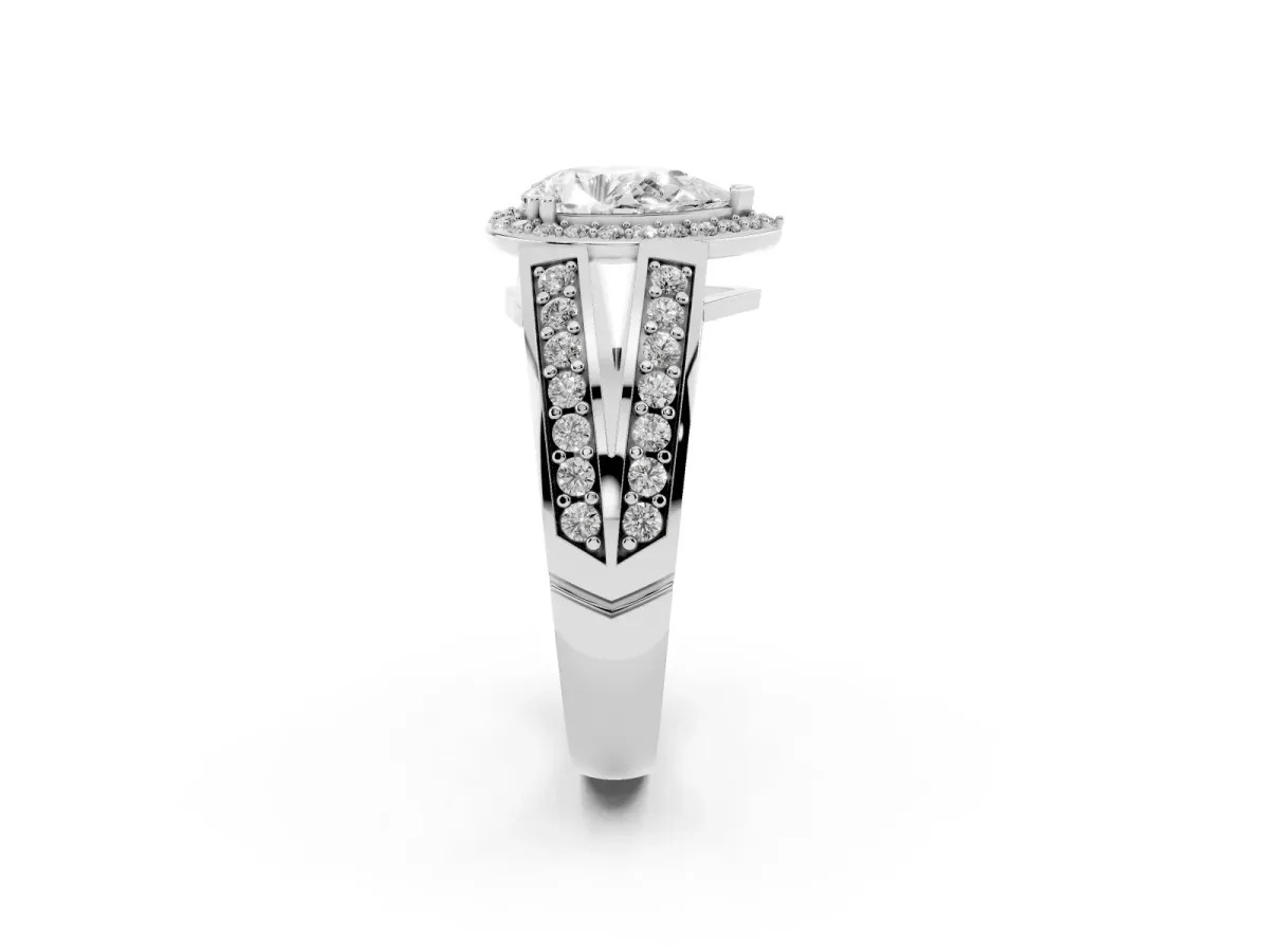 Pear Cut Diamond Halo Ring with Split Shank Pavé Band and Four-Prong Setting Silver