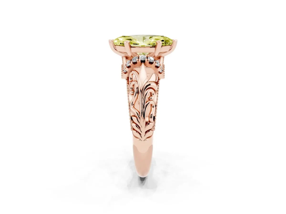 Fancy Yellow Marquise Cut Solitaire Filigree Engagement Ring with Halo and Prong Setting Rose gold