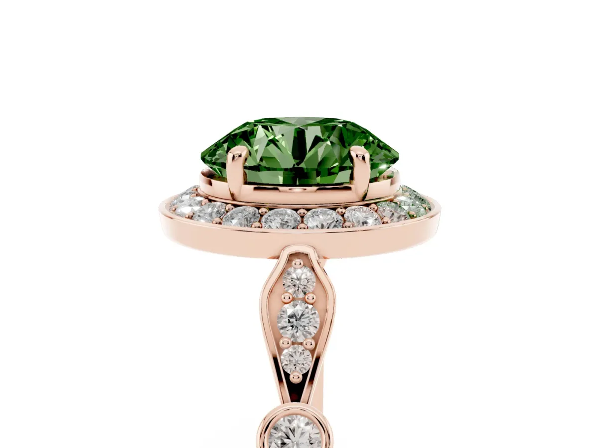 Fancy Green Round Cut Halo Diamond Engagement Ring with Twisted Band and Four-Prong Setting Rose gold