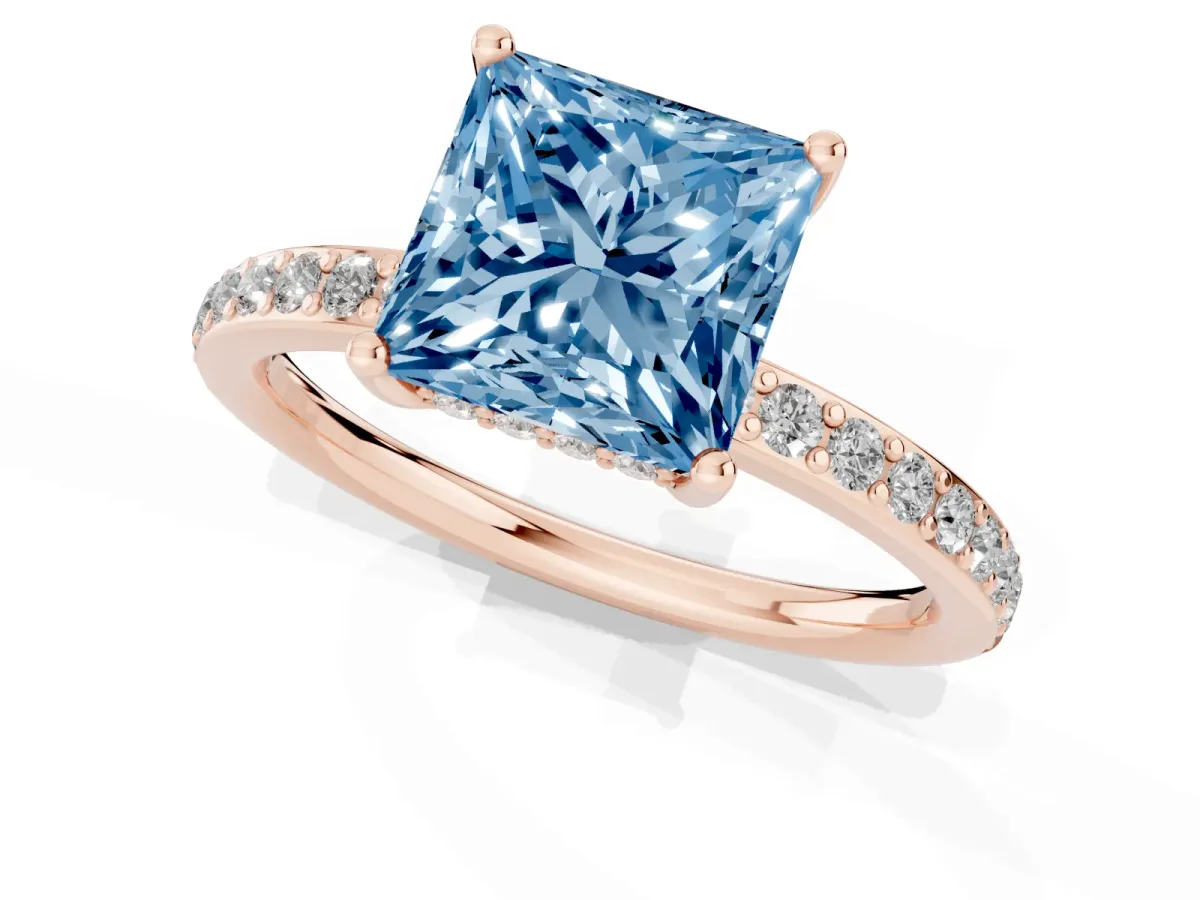Fancy Blue Princess Cut Cut Diamond Pavé Band Ring with Four-Prong Setting Rose gold