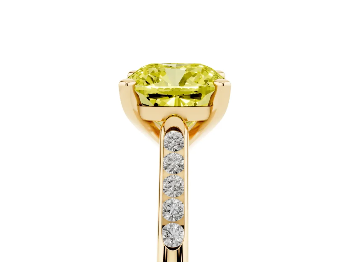 Fancy Yellow Cushion Cut Diamond Solitaire Ring with Channel Set Round Band and Prong Setting Yellow gold