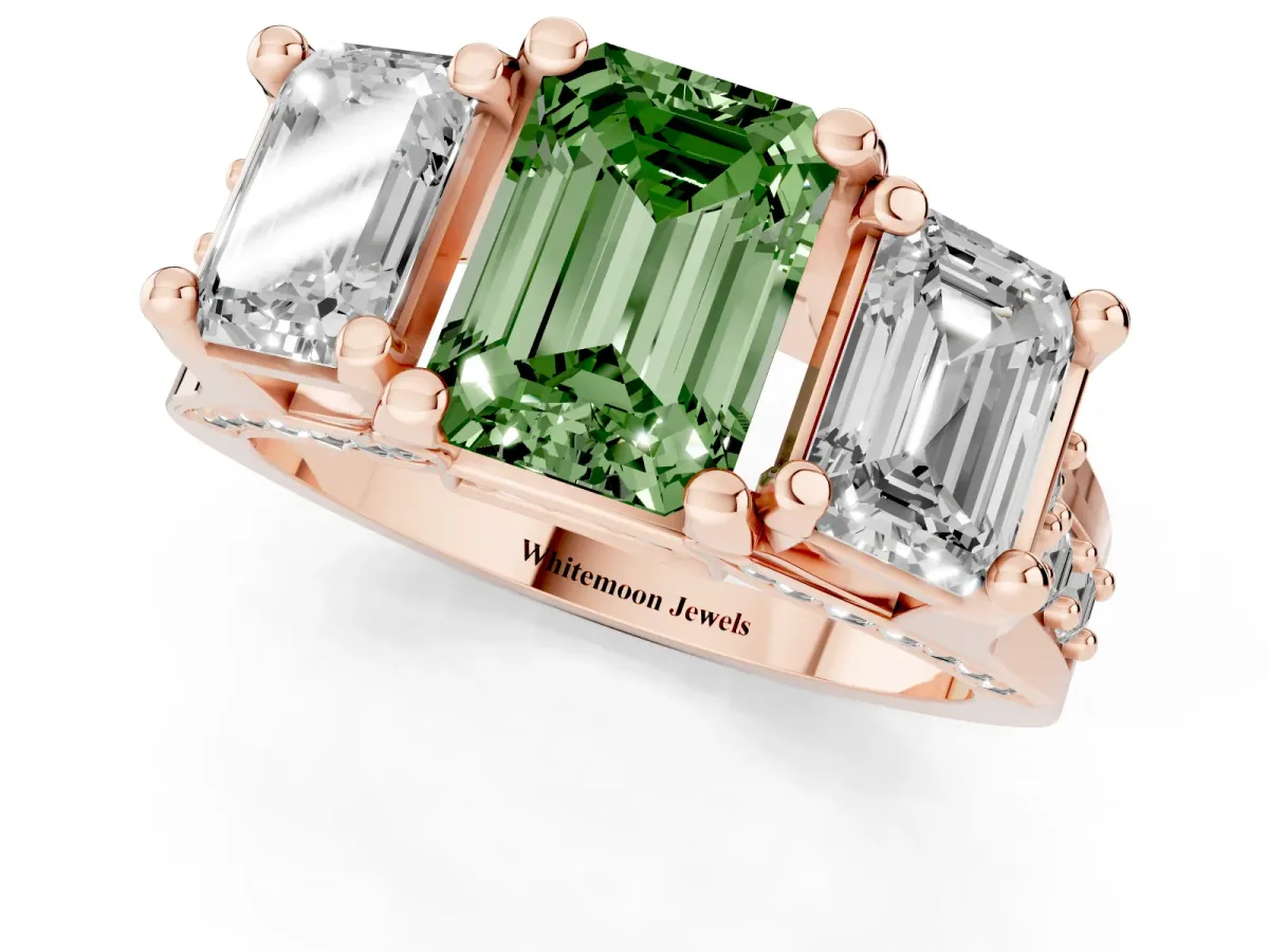 Fancy Green Emerald Cut Diamond Three-Stone Ring with Channel Set Band and Four-Prong Setting Rose gold