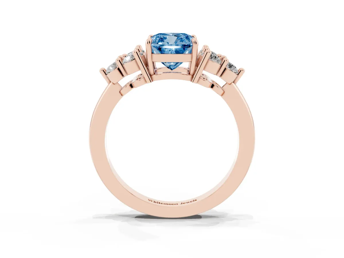 Fancy Blue Cushion Cut Brilliant Diamond Cluster Accent Solitaire Ring with Prong Setting Rose gold