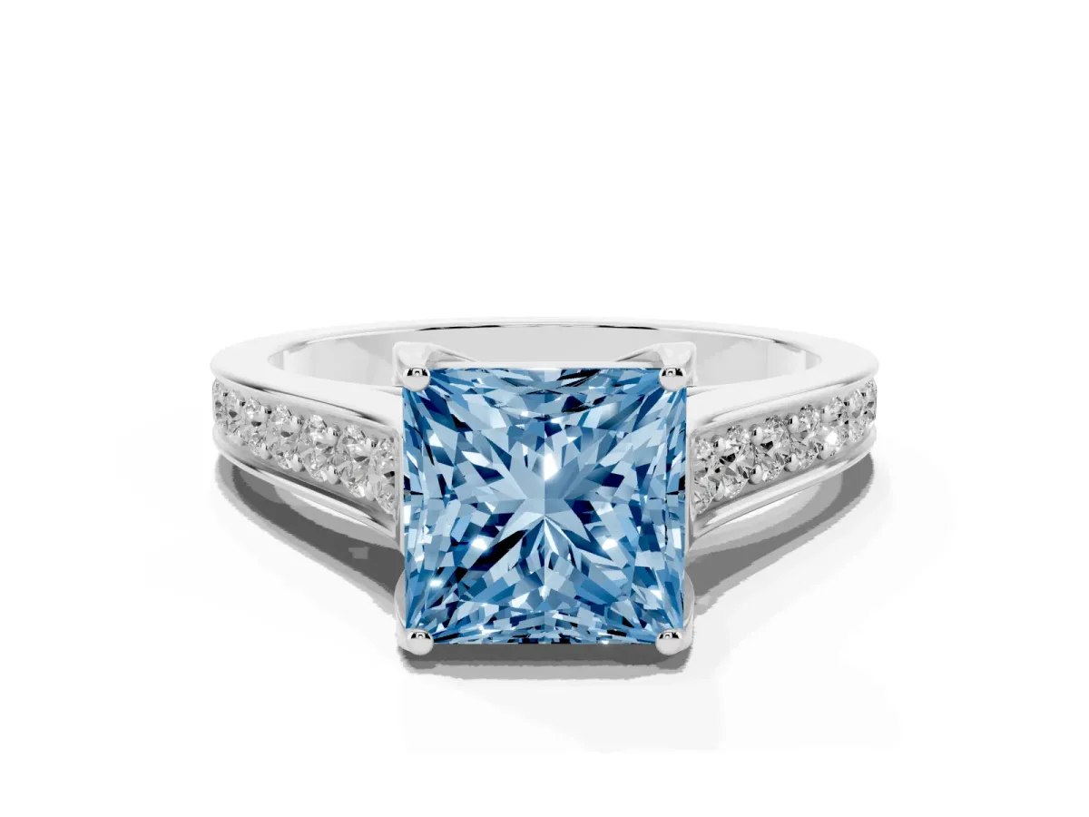 Fancy Blue Princess Cut Brilliant Cut Diamond Engagement Ring with Pavé Band and Four-Prong Setting Platinum