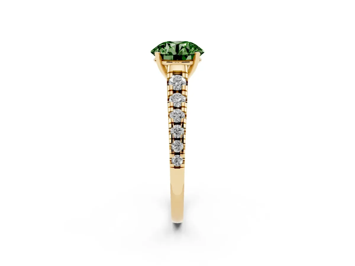 Fancy Green Round Cut Diamond Cathedral Solitaire Ring with Round Pavé Band Yellow gold