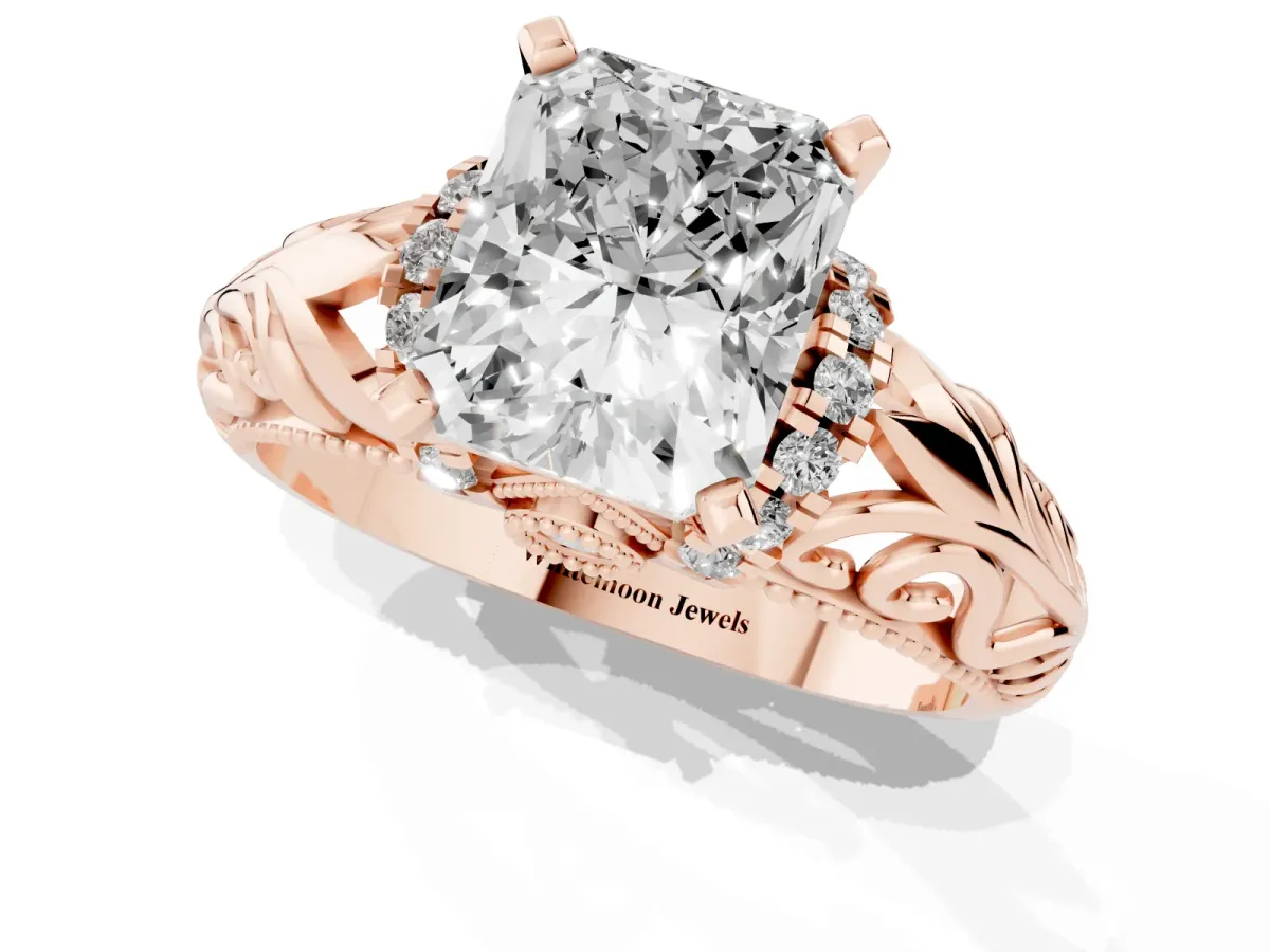 Radiant Cut Solitaire Filigree Engagement Ring with Halo and Prong Setting Rose gold