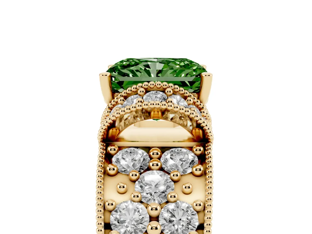 Fancy Green Radiant Cut Halo Pave Diamond Engagement Ring with Milgrain Detailing Yellow gold