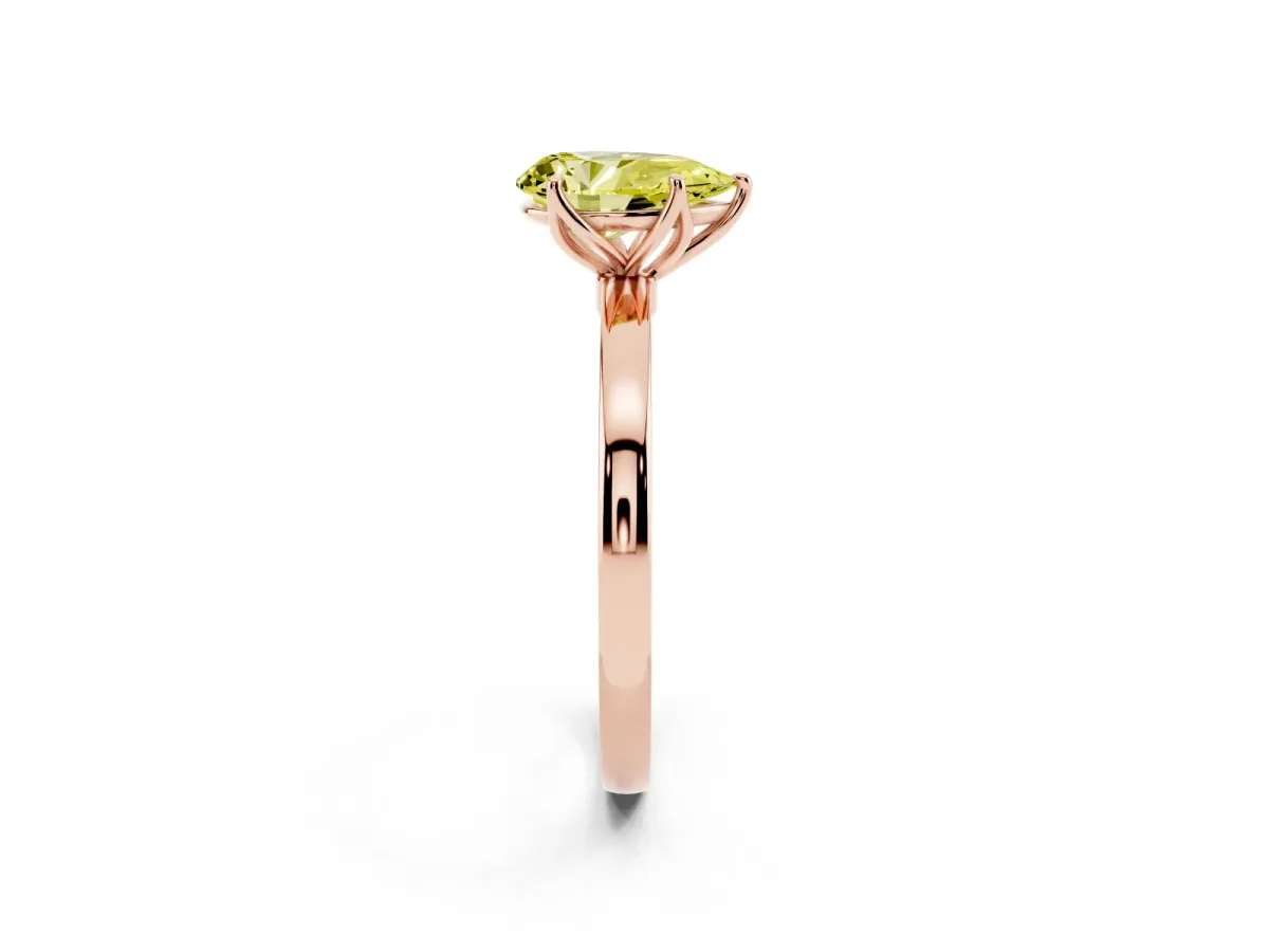 Fancy Yellow Pear Cut Diamond Solitaire Ring with Thin Band and Prong Setting Rose gold