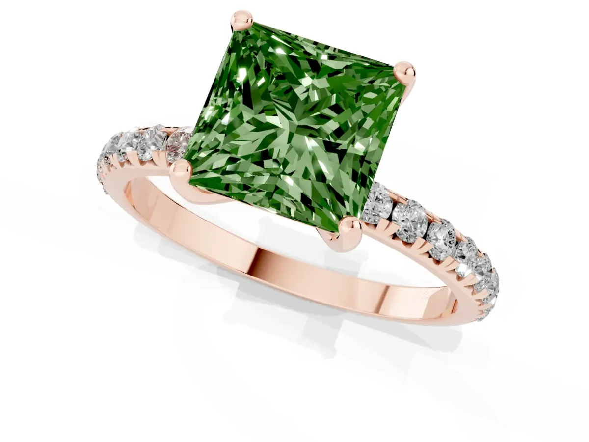 Fancy Green Princess Cut Cut Diamond Solitaire Ring with Micro Pave Band and Four Prong Setting Rose gold