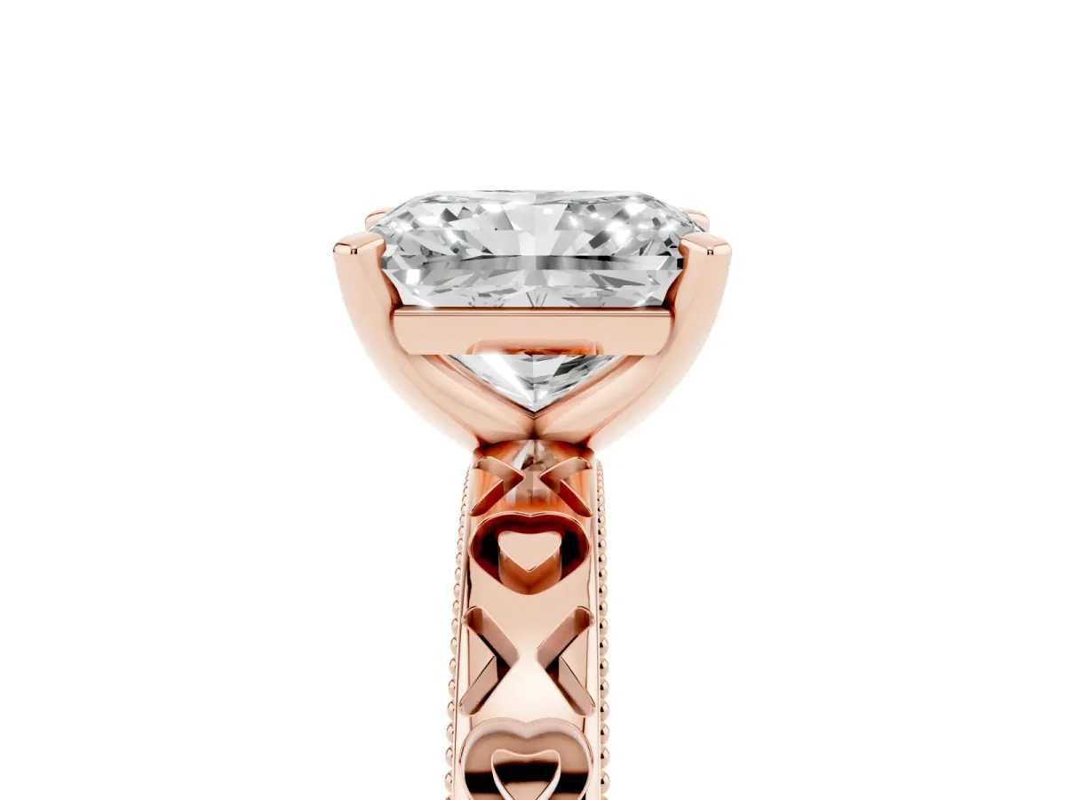 Radiant Cut Solitaire Diamond Engagement Ring with XO Engraved Band and Four-Prong Setting Rose gold
