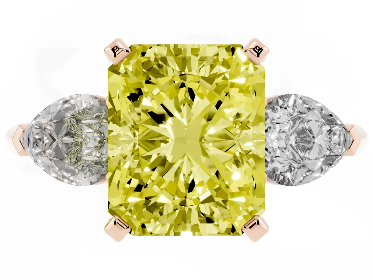 Fancy Yellow Three-Stone Radiant Cut Diamond Ring with Pear Side Stones and Four-Prong Setting Rose gold