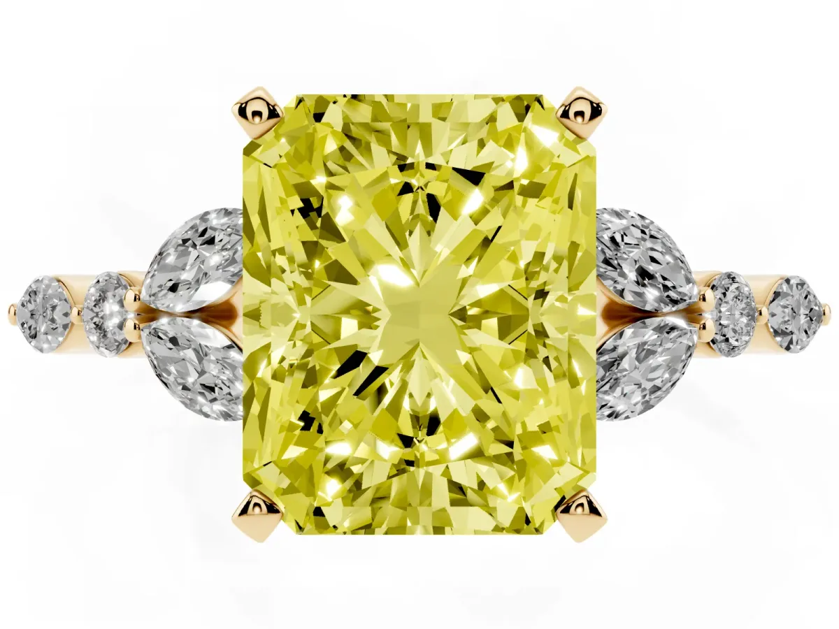 Fancy Yellow Radiant Cut Diamond Solitaire Ring with Side Stones and Four-Prong Setting Yellow gold