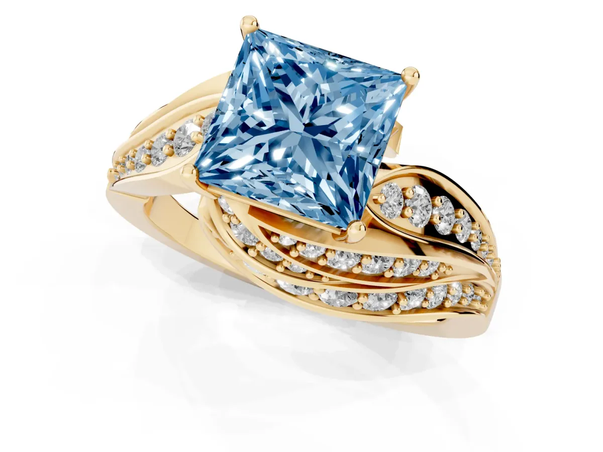 Fancy Blue Princess Cut Diamond Solitaire Ring with Prong Setting and Twisted Pavé Band Yellow gold