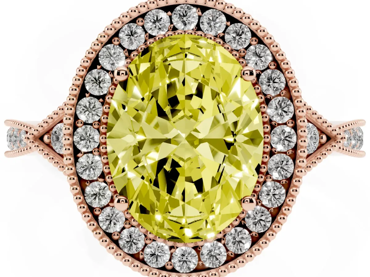 Fancy Yellow Oval Cut Halo Round Diamond Milgrain Pave Engagement Ring Rose gold