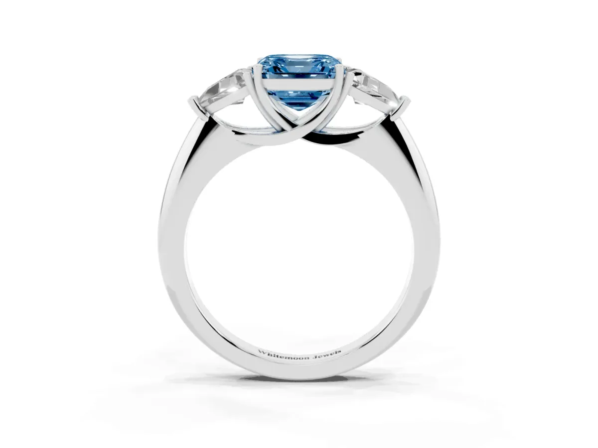 Fancy Blue Three-Stone Asscher Cut Diamond Engagement Ring with Trillion Side Stones and Prong Setting Silver