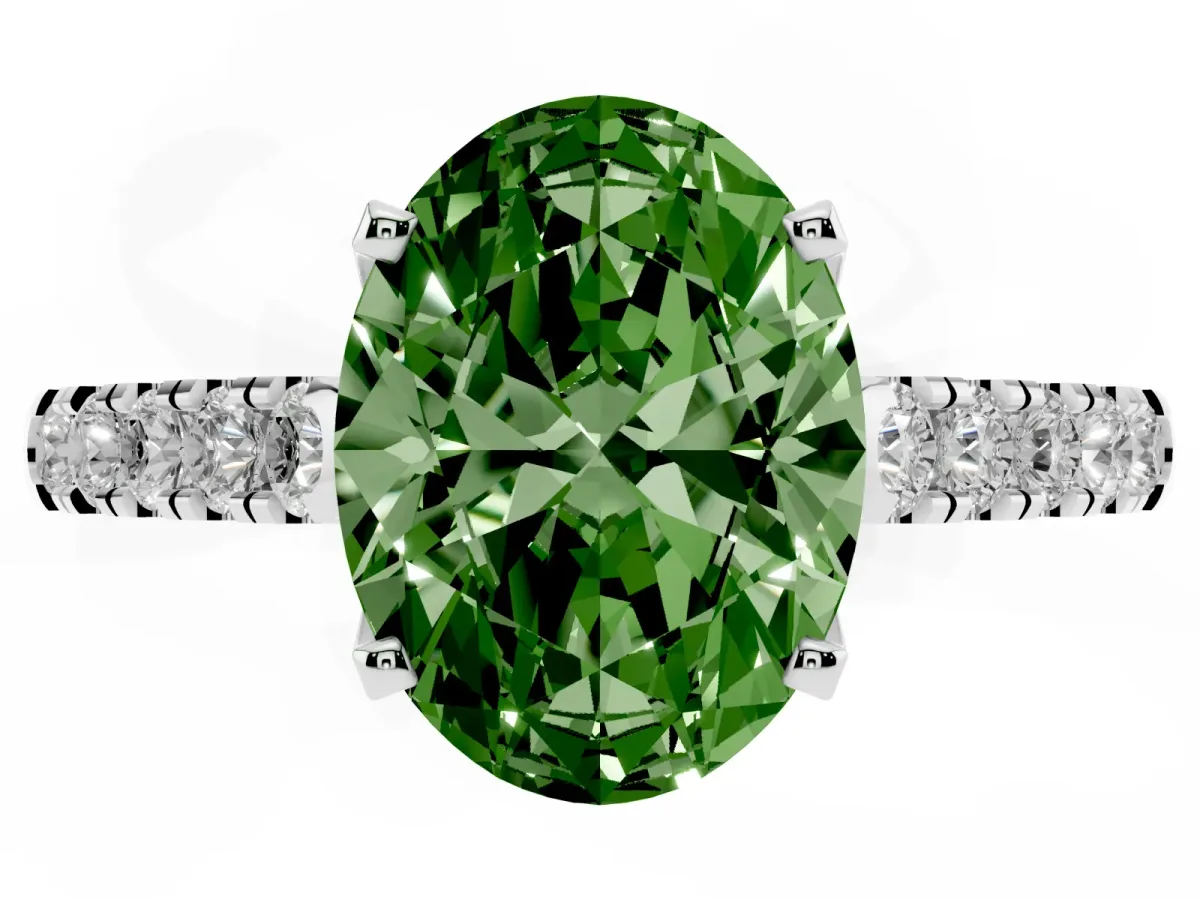 Fancy Green Oval Cut Diamond Pavé Band Solitaire Ring with Prong Setting Platinum