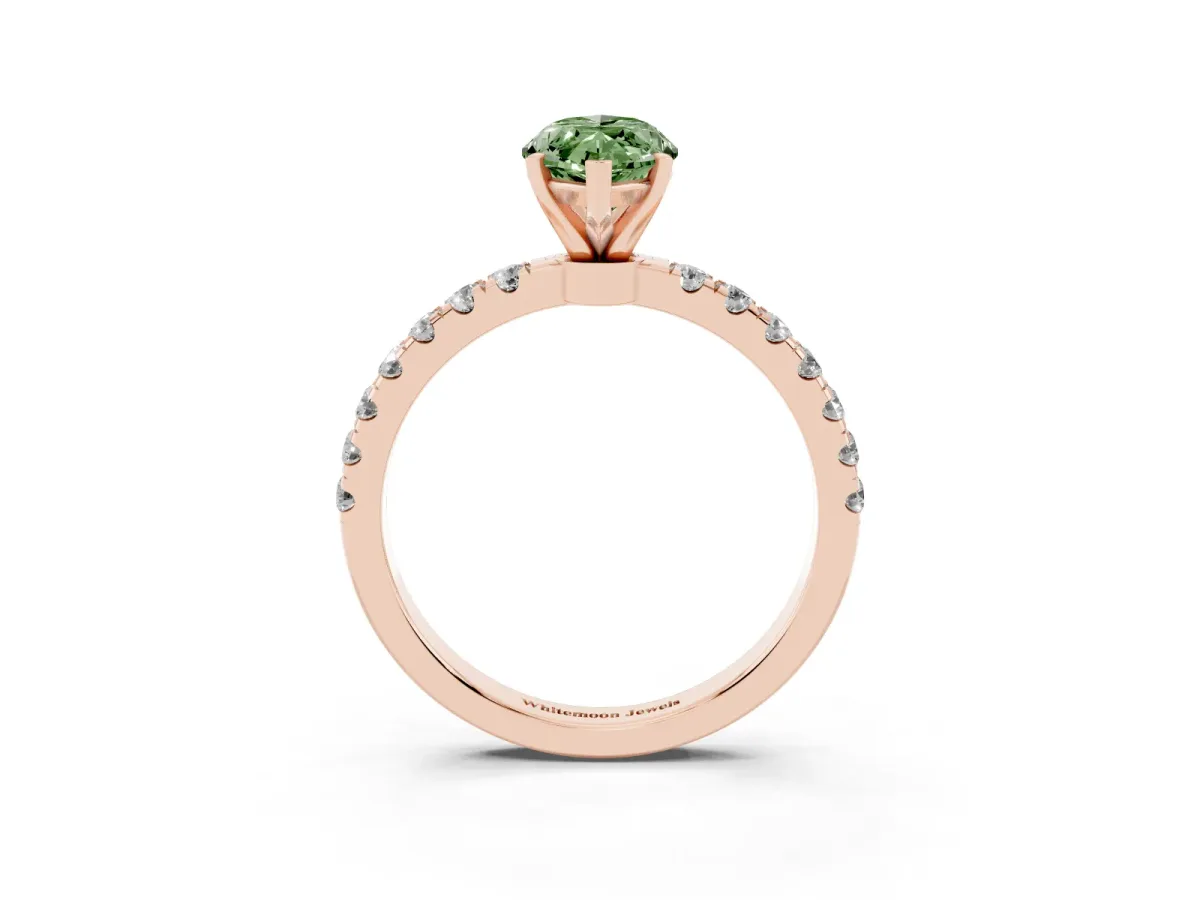Fancy Green Marquise Cut Diamond Solitaire Ring with Pavé Accents and Four-Prong Setting Rose gold