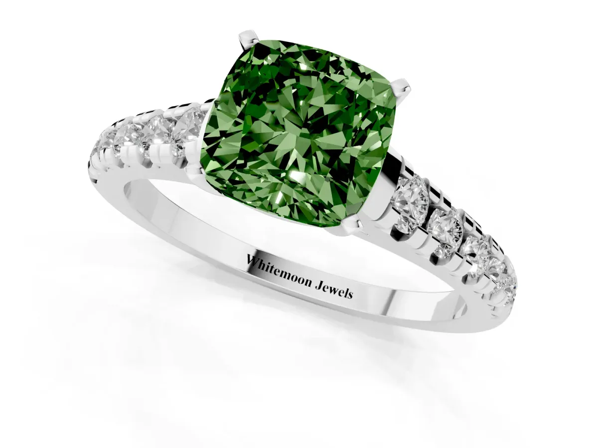 Fancy Green Cushion Cut Diamond Cathedral Solitaire Ring with Round Pavé Band Silver