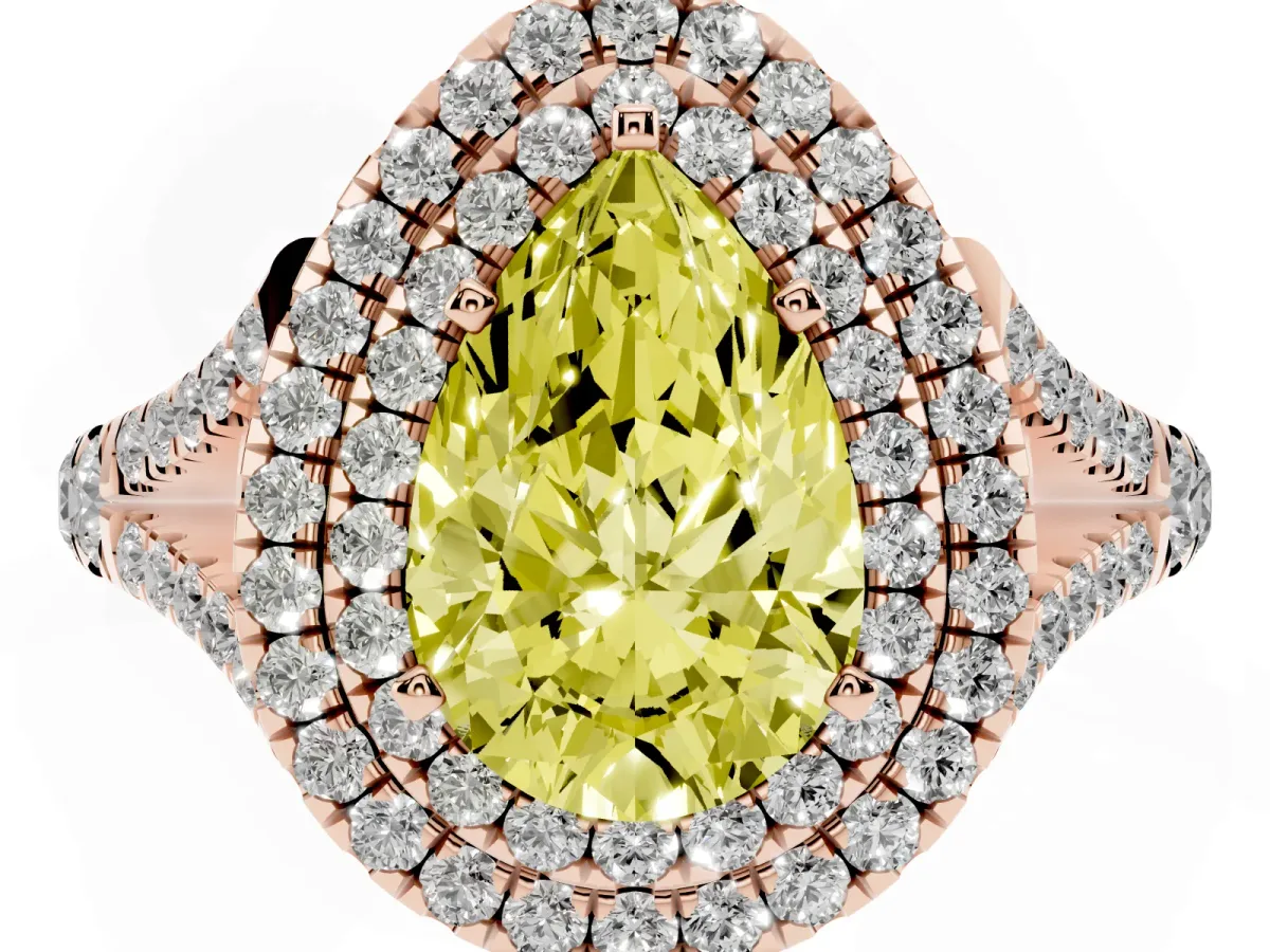 Fancy Yellow Pear Cut Diamond Double Halo Ring with Split Shank and Prong Setting Rose gold