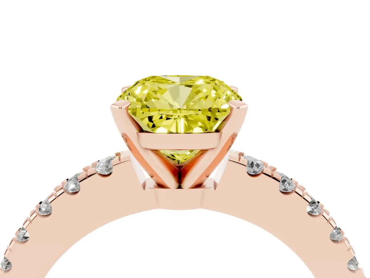Fancy Yellow Cushion Cut Solitaire Diamond with Pavé Band and Four-Prong Setting Rose gold