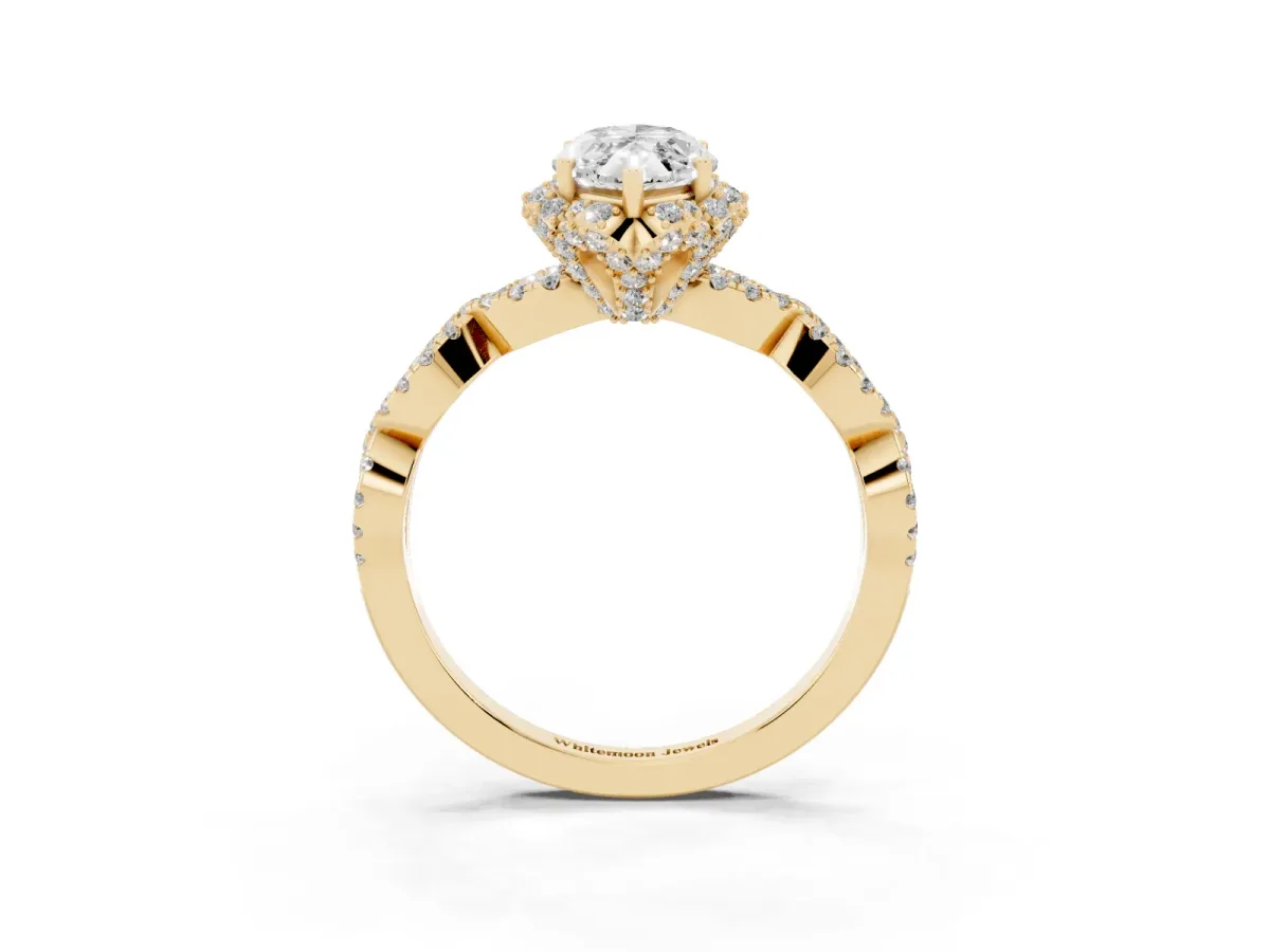 Marquise Cut Halo Twist Band Solitaire Ring with Six-Prong Setting Yellow gold