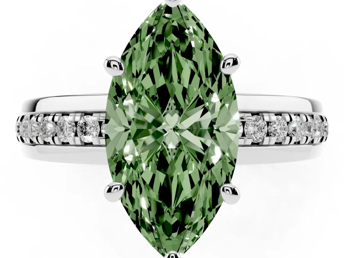 Fancy Green Marquise Cut Solitaire Diamond Ring with Channel Set Band and Six-Prong Setting Silver