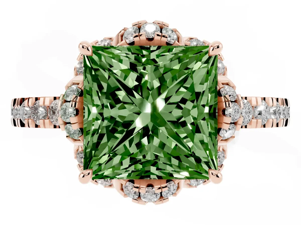 Fancy Green Princess Cut Halo Diamond Pave Band Ring with Four-Prong Setting Rose gold
