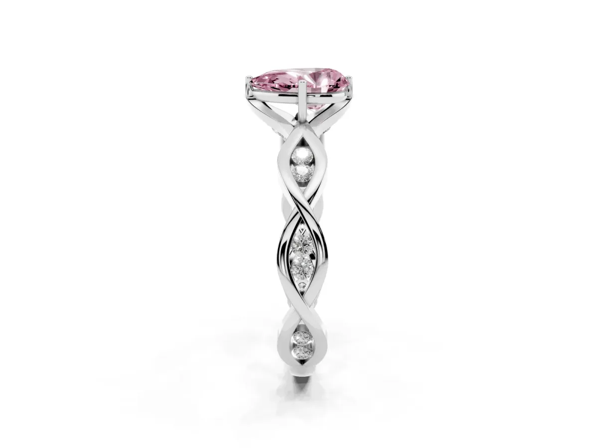Fancy Pink Pear Cut Solitaire Twist Band with Leaf Prong Setting Platinum