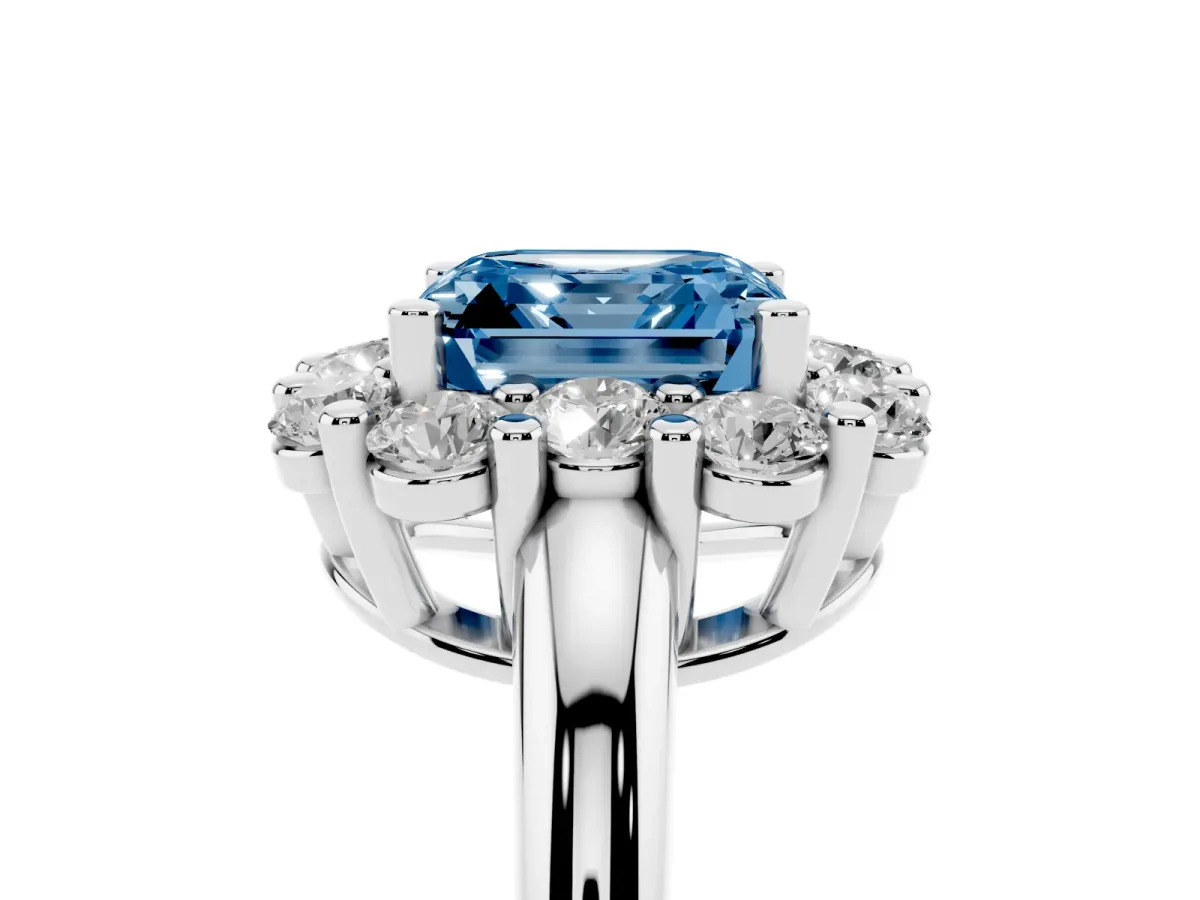 Fancy Blue Asscher Cut Halo Cluster Diamond Engagement Ring with Prong Setting and Polished Band Silver