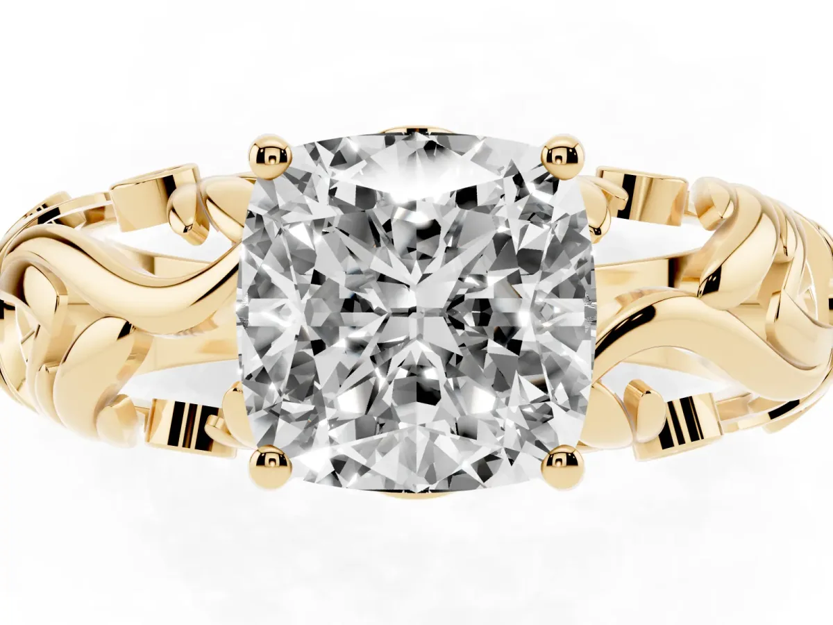 Cushion Cut Solitaire Diamond Leaf-Inspired Vine Band Ring with Prong Setting Yellow gold