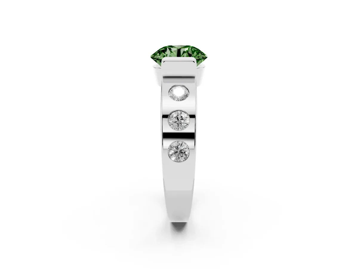 Fancy Green Round Cut Brilliant Channel-Set Diamond Ring with Bezel Prong Setting Silver