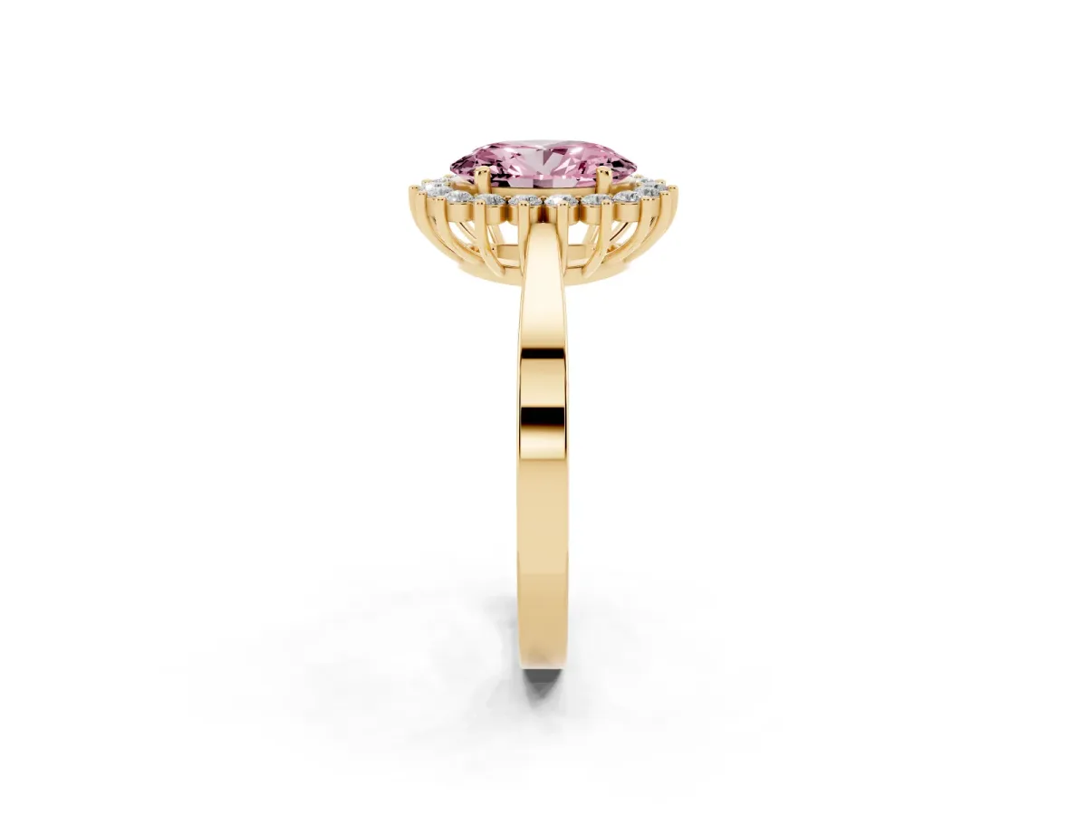 Fancy Pink Oval Cut Cut Diamond Halo Ring with Round Brilliant Halo and Solitaire Band Yellow gold