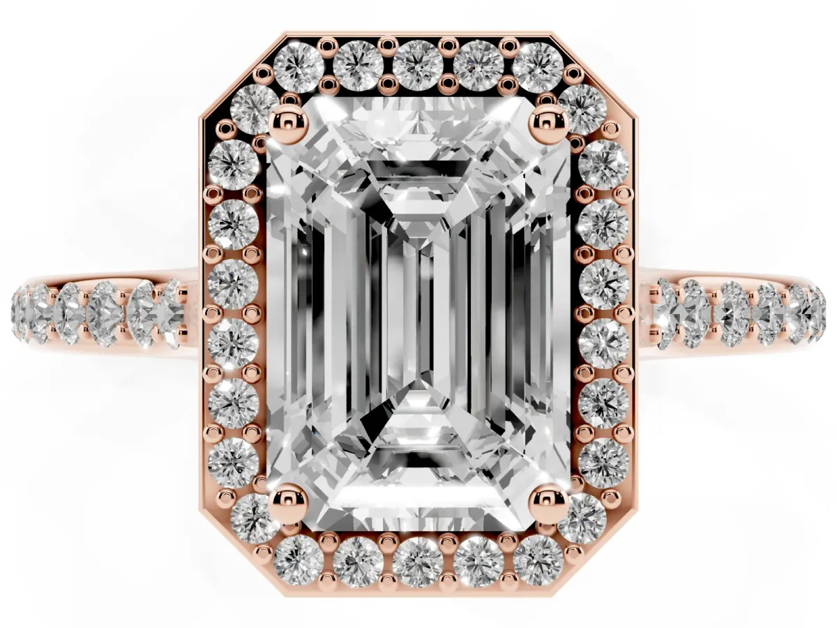 Emerald Cut Diamond Halo Engagement Ring with Round Pavé Shoulders and Prong Setting Rose gold